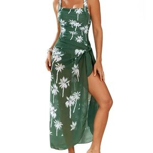 NWT! Printed Square Neck Wide Strap One Piece Swimsuit with wrap sarong dress2XL